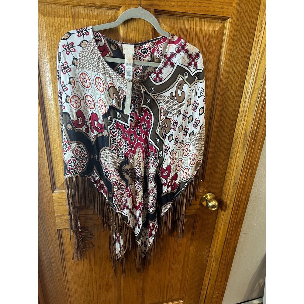 NWT Chico's Paisley Festival Poncho Top Multi Color Cognac Suede Fringe Kimono
